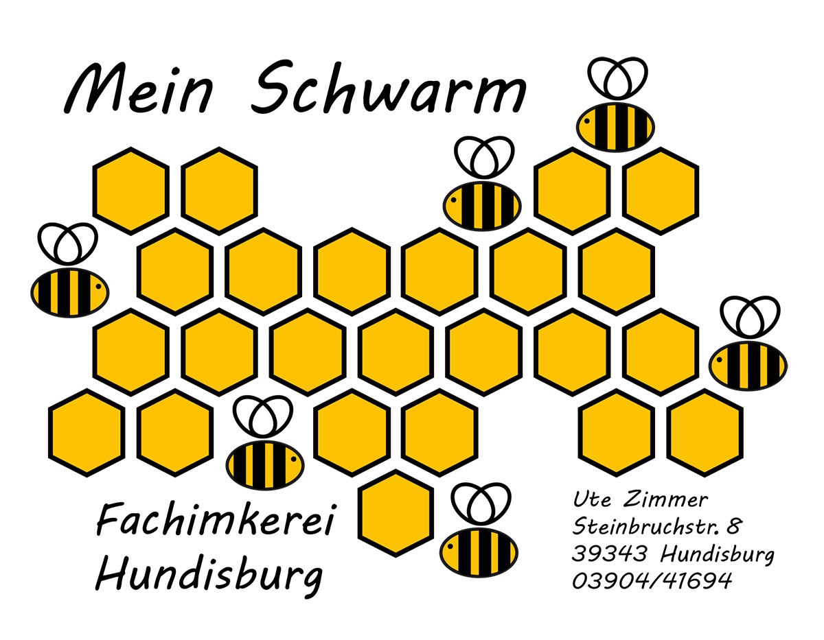 Markenaufsteller mit Logo: Mein Schwarm – Fachimkerei Hundisburg, mit Wabenmotiven, Cartoon-Biene und Kontaktdaten