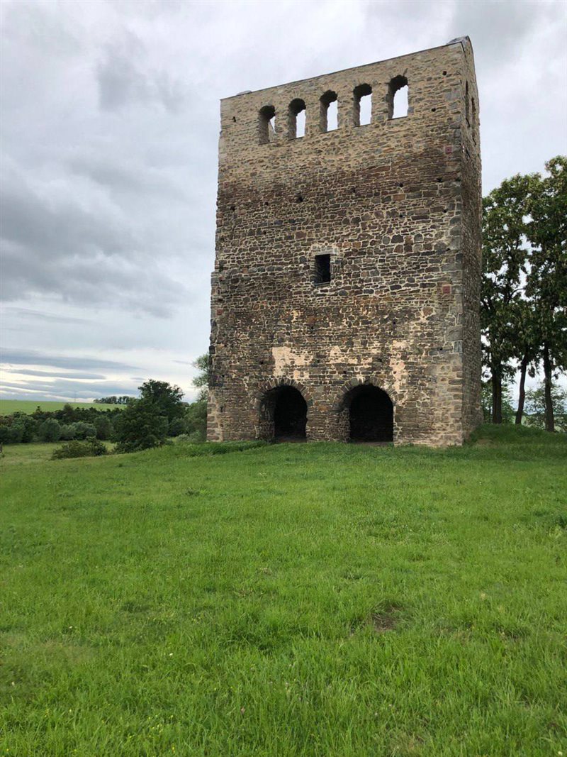 Hoher gemauerter Turm der Ruine Nordhusen auf grüner Wiese